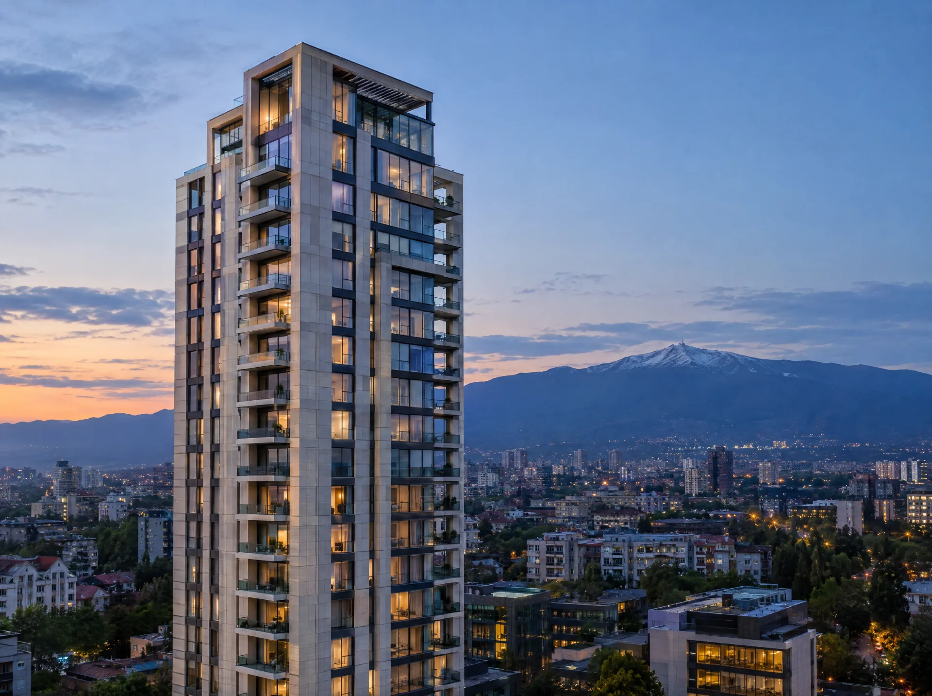 Модерна жилищна кула в София с изглед към Витоша